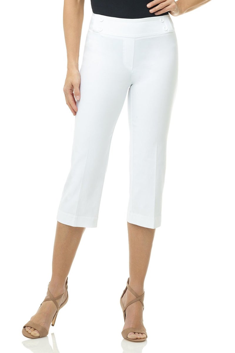 Rekucci Women’s Comfort Stretch Pull-On Capri Pants with Button Detail – Everyday Casual Wear (14, White) - Image 1