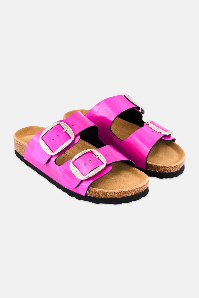 XOXO Women Slip On Cork Sandals, Metallic Fuchsia - Image 1