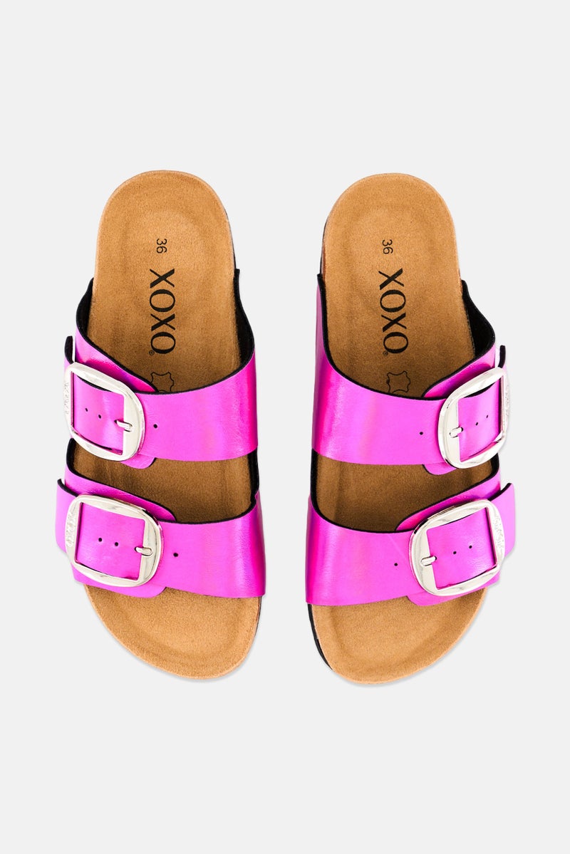 XOXO Women Slip On Cork Sandals, Metallic Fuchsia - Image 2