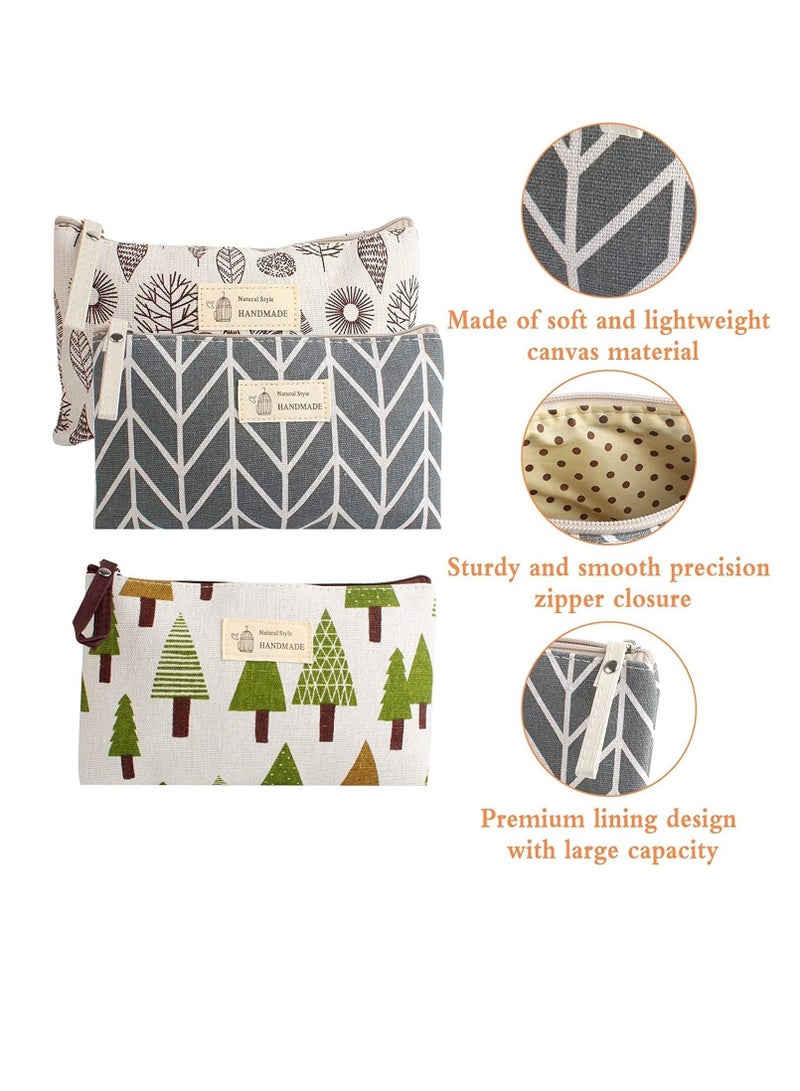 Captaintech Canvas Cosmetic Bags 3 PCS , Multifunctional Travel Toiletry Bag Printed Makeup Bags with Zipper Portable Makeup Toiletry Wash Bag Canvas Pencil Case Canvas Travel Pouch for Women Girls - Image 2