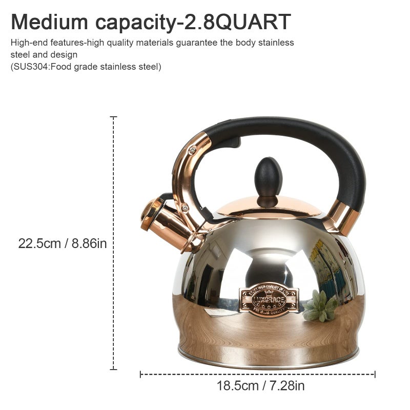 LUXGRACE Stainless Steel Whistling Tea Kettle with Metal Capsulated Bottom for Quick Heat Distribution 2.8 Quart - Image 5