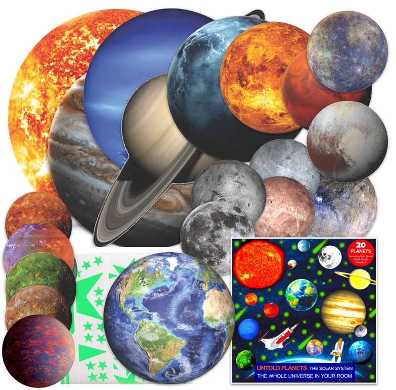 UNTOLD PLANETS 200+PCS Glow in The Dark Stars and Planets for Ceiling  3D Realistic NASA Space Decor Dwarf Planets Pluto Moon Sun Glow in The Dark Stars  Solar System for Kids Wall Decals  Boys Room Decor  - Image 1