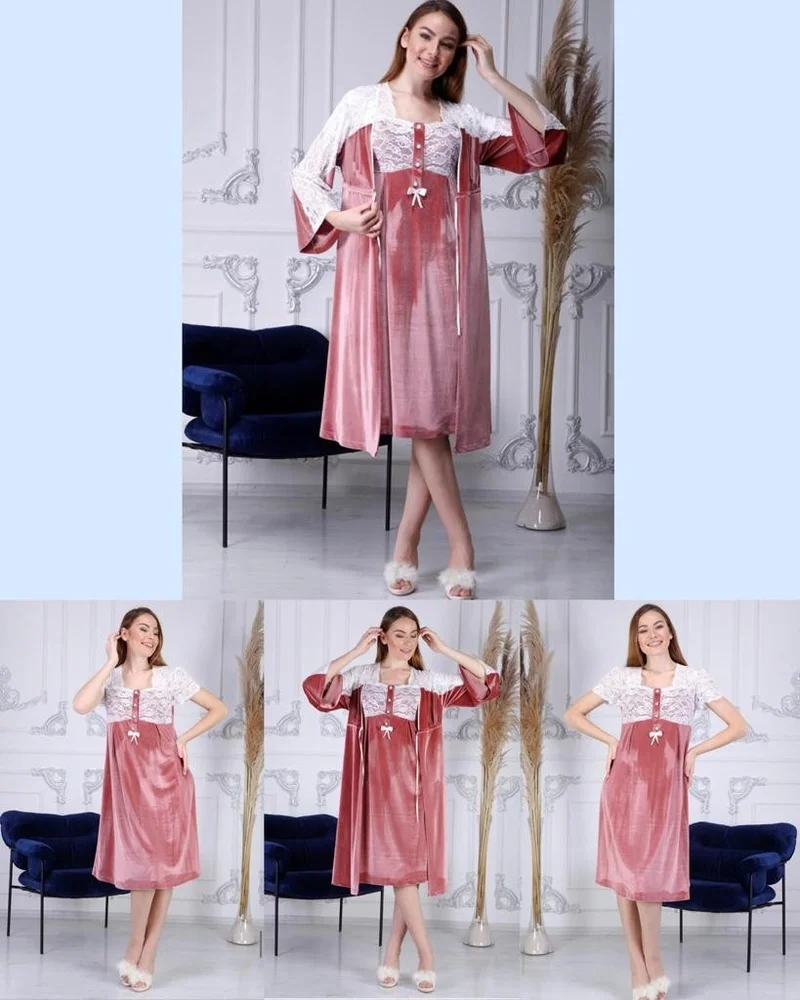 Duchesse 7008 Dried Rose Velvet Maternity Maternity Nightgown Dressing Gown Set
