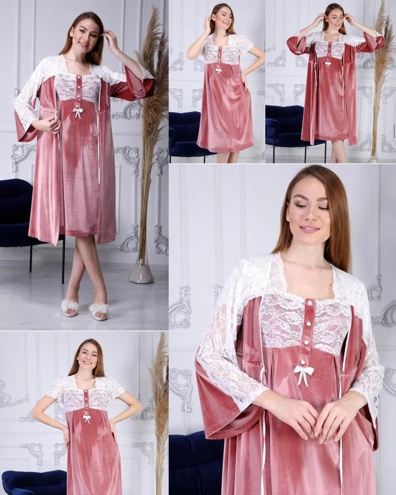 Duchesse 7008 Dried Rose Velvet Maternity Maternity Nightgown Dressing Gown Set