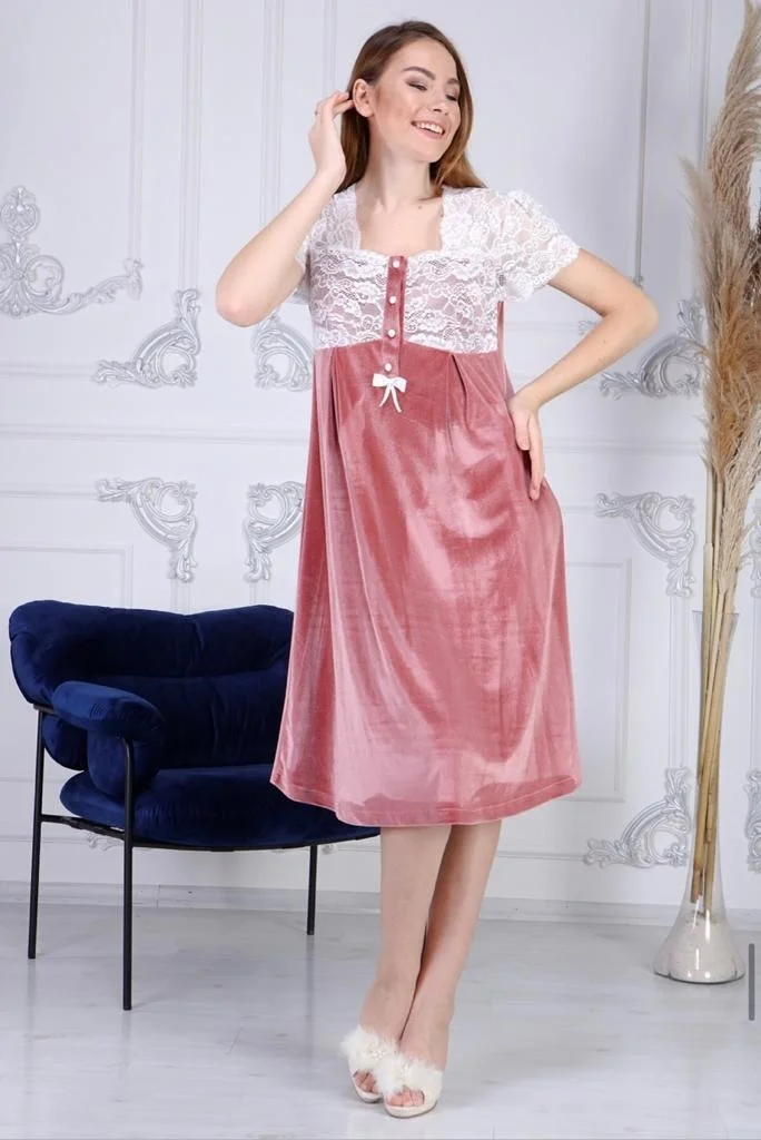 Duchesse 7008 Dried Rose Velvet Maternity Maternity Nightgown Dressing Gown Set
