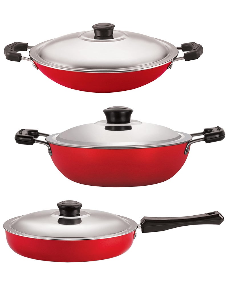 NIRLON Non Stick Best Cookware Set - Fry Pan with Stainless Steel Lid 2 Liter, Deep Kadai with Lid 2.6 Liter, Appa Chatti 22 cm - Image 1
