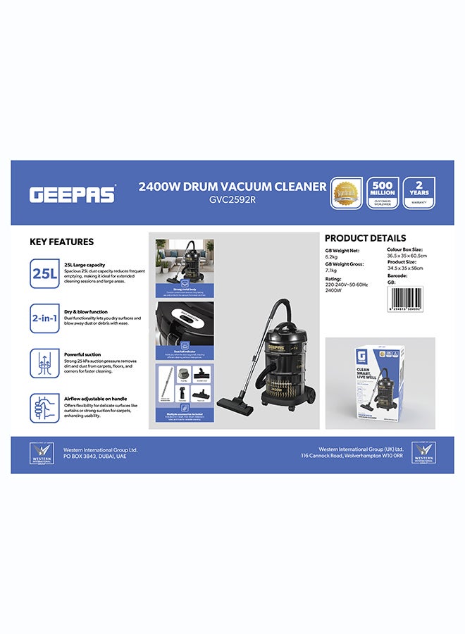 GEEPAS Drum Vacuum Cleaner With 25 L Dust Bag Capacity- GVC2592/  With Elegant Body, Dry and Blow Function/ Powerful Suction, Full Indicator, Multiple Accessories Included/ Perfect for Home, Office, Apartments/ 2 Years Warranty 25 L 2400 W GVC2592 black - Image 2