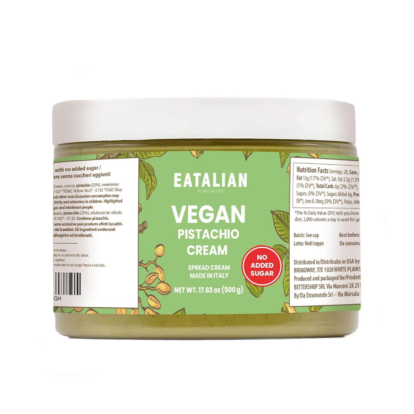AMZ BETTER EATALIAN by AMZ BETTER Vegan Pistachio Cream Sugar Free, 17.63 oz/ 500 gr, Delicious sugar free vegan spread, ideal on bread, perfect with ice cream, Excellent for Dubai Chocolate, Made in 