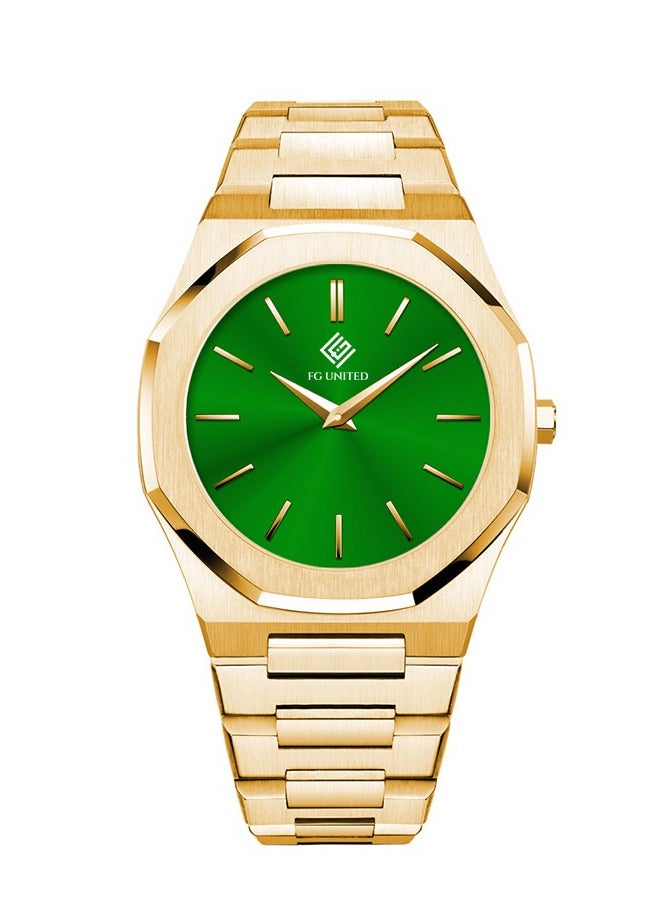 FG UNITED ساعة رجالية بتصميم رفيع بلون ذهبي مع قرص أخضر من الفولاذ المقاوم للصدأ 41 مم - FG7009