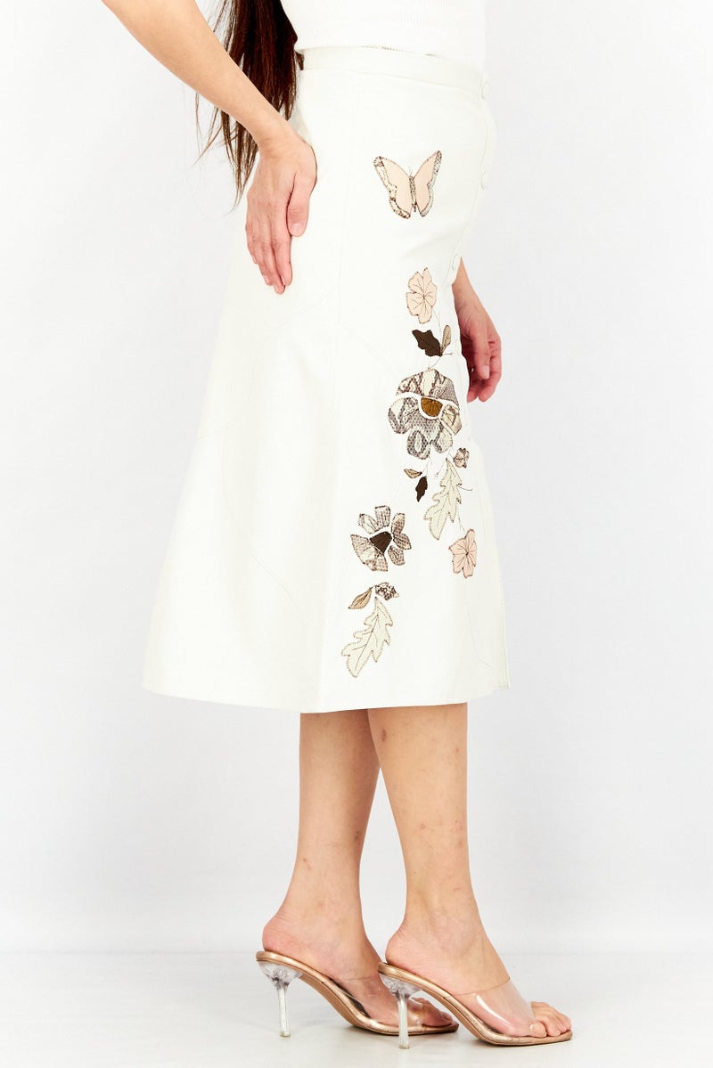 TWINSET Women Regular Fit Embroidered Leather Midi Skirt, Off White Combo - Image 3