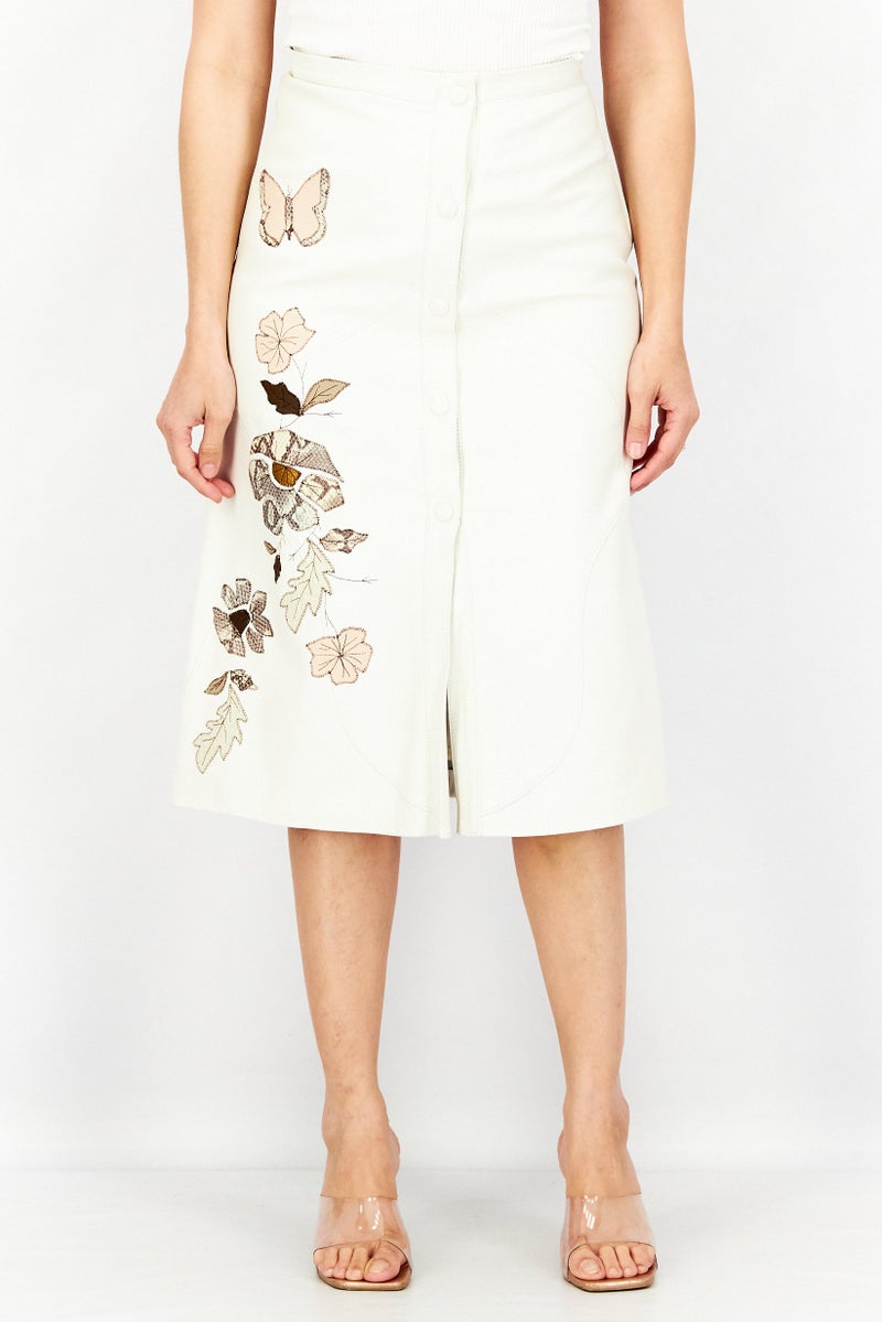 TWINSET Women Regular Fit Embroidered Leather Midi Skirt, Off White Combo - Image 1