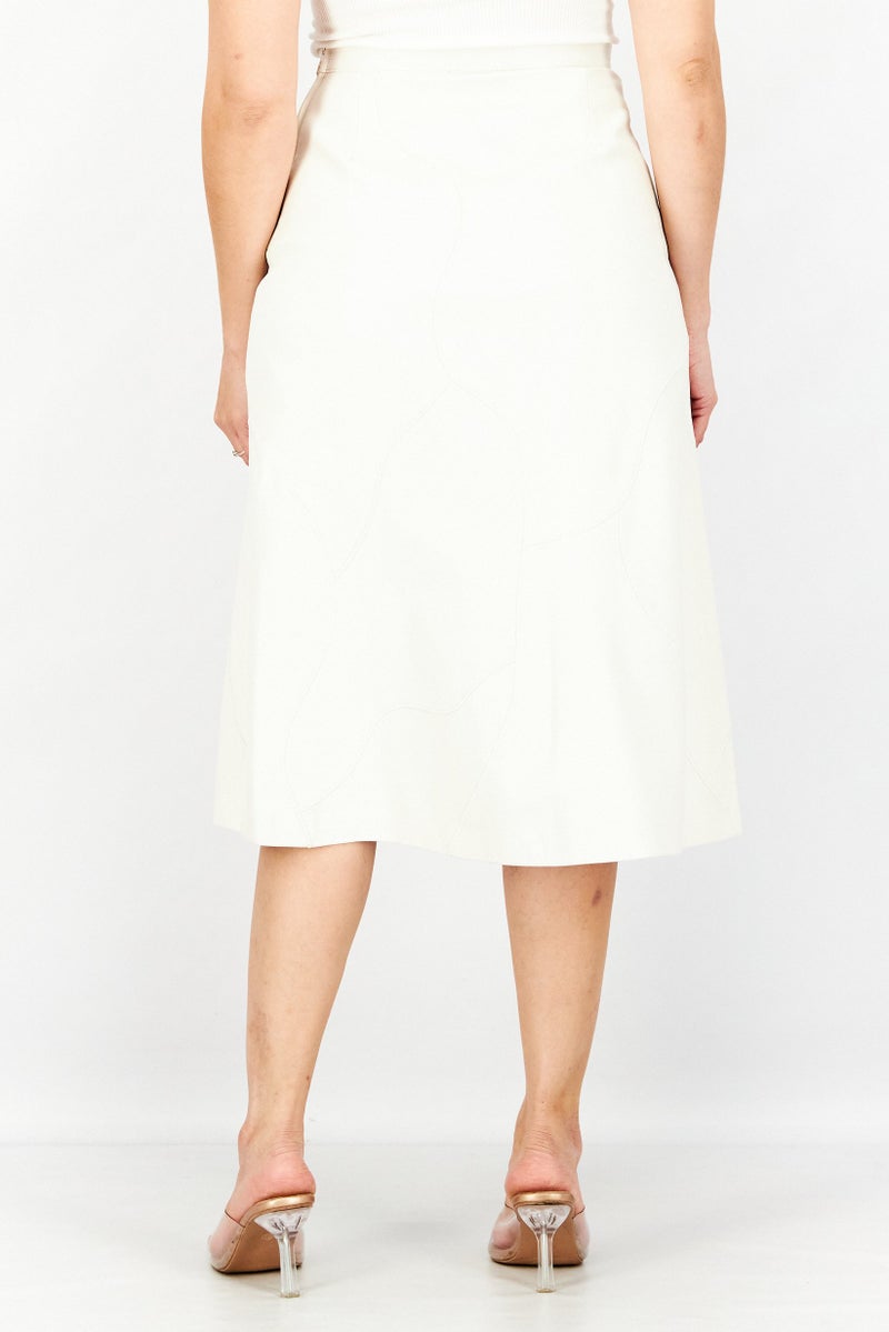 TWINSET Women Regular Fit Embroidered Leather Midi Skirt, Off White Combo - Image 4