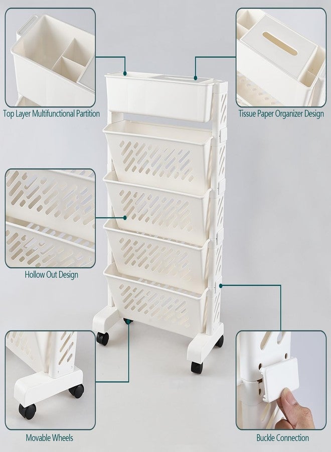 Doryh 5-Tier Plastic Mobile Bookshelf Organizer, Movable Bookcase with Wheels, White - Image 2