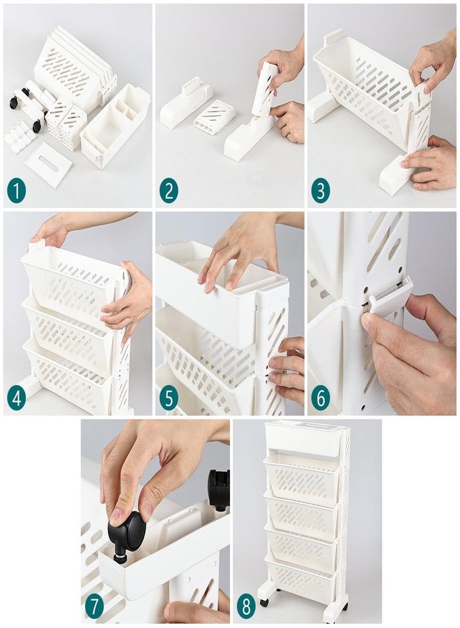Doryh 5-Tier Plastic Mobile Bookshelf Organizer, Movable Bookcase with Wheels, White - Image 5