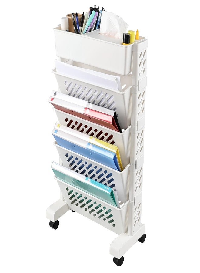 Doryh 5-Tier Plastic Mobile Bookshelf Organizer, Movable Bookcase with Wheels, White - Image 1