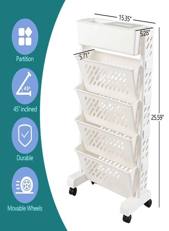 Doryh 5-Tier Plastic Mobile Bookshelf Organizer, Movable Bookcase with Wheels, White - Image 4