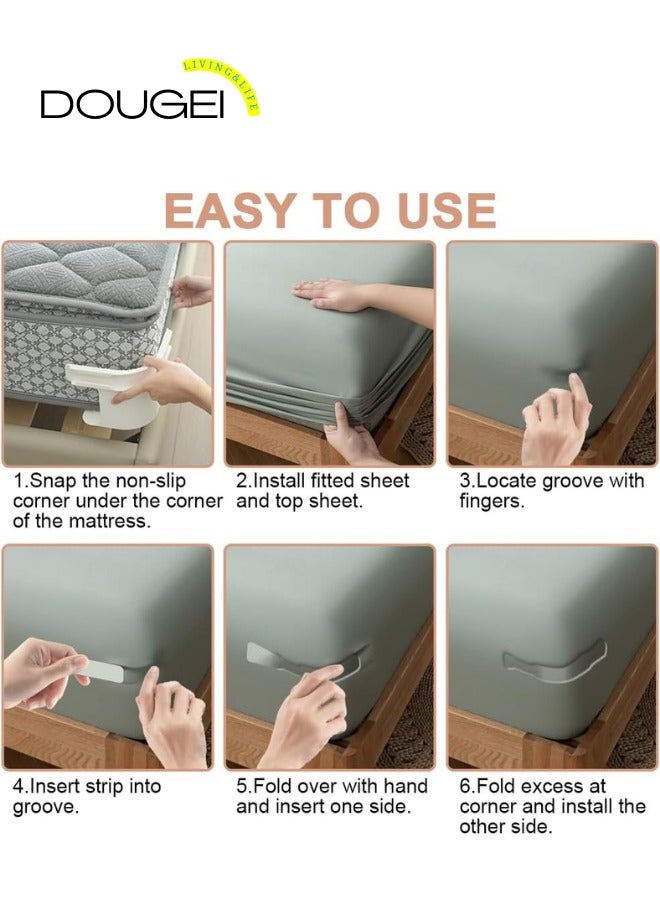 دوغي مجموعة حاملات ملاءات السرير المغلقة - 4 عبوات من مشابك زاوية حامل ملاءات السرير شديدة التحمل ، ملاءات مجهزة مثبتة بإحكام في مكانها مع حزام ، قبضة مانعة للانزلاق لجميع أحجام المراتب ، شريط حلقة خطاف متضمن - Image 3