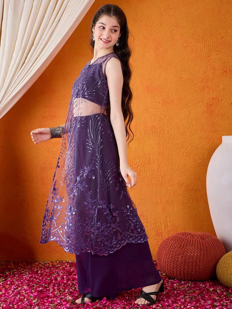 Cherry & Jerry Cherry & Jerry Woven Sleeveless Embellished shrug, Crop top and Bottom Sets-Purple