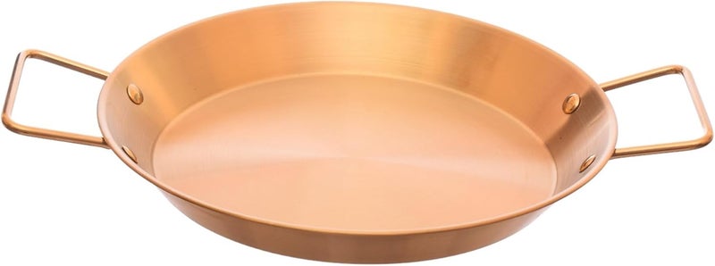 A stainless steel serving tray, gold-colored with a gold coating, 28 cm in diameter, comes with a secure handle. It features easy cleaning and a durable design. - Image 1