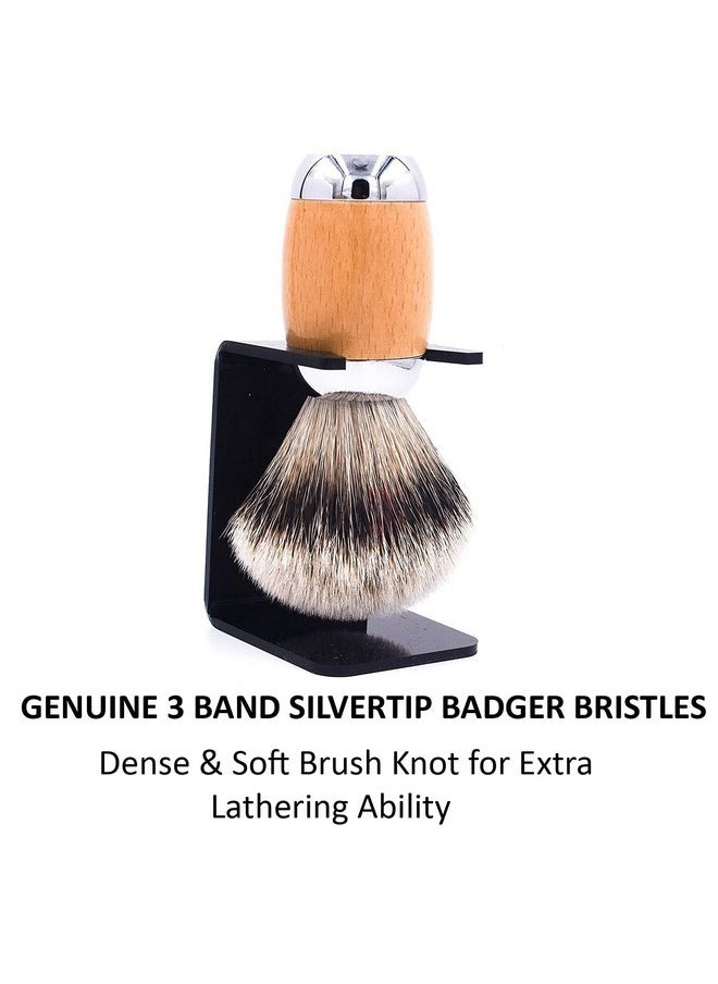 taconic shave 'S Extra Dense 100% 3-Band Silvertip Badger Luxury Shaving Brush -Deluxe Beechwood And Chrome Handle - Shaving Stand Included  - Image 5