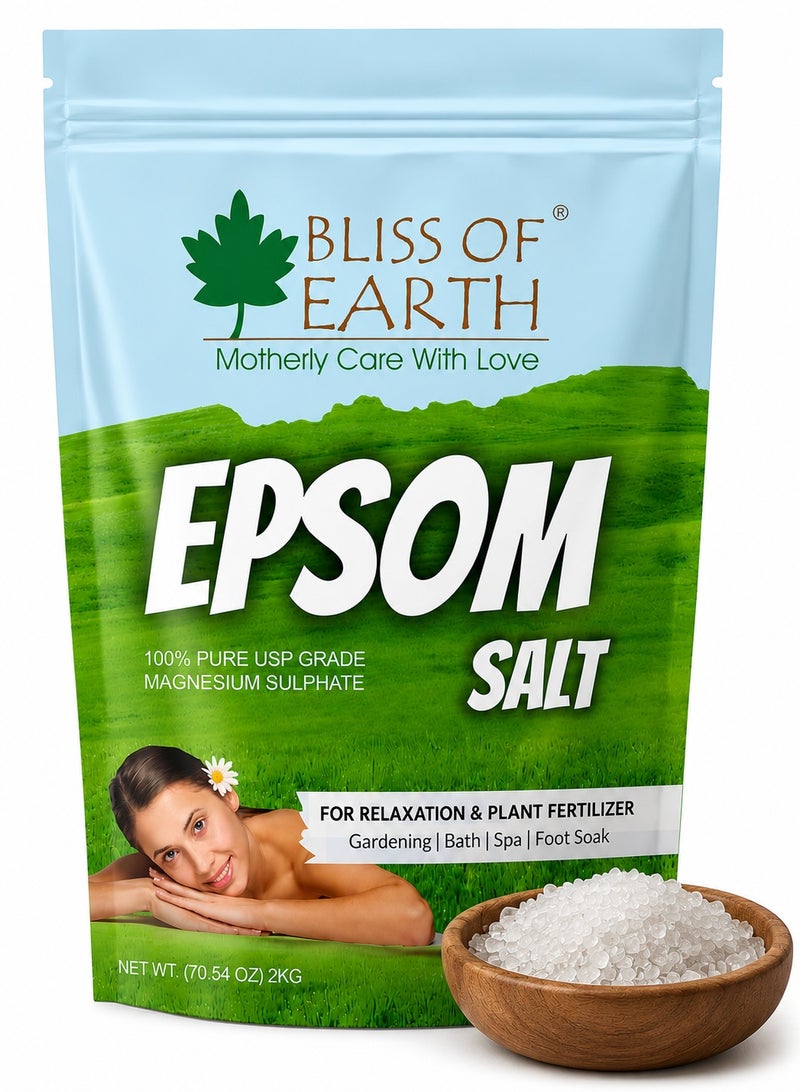 Bliss of Earth Epsom Salt 2 kg | Bath Salt for Sore Muscles Relaxation & Foot Soaks | Quick Dissolving Epsom Salt for Home Spa, Pedicure & Post-workout Bath | Multipurpose Magnesium Sulfate for Gardening & Plant Care - Image 1