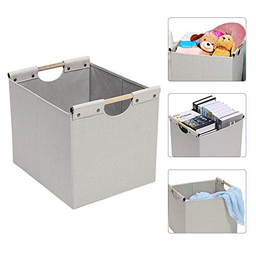 HOONEX Large Foldable Storage Bins, Linen Fabric, 2 Pack, with Wooden Carry Handles and Sturdy Heavy Cardboard, for Home, Office, Car, Nursery, Beige - Image 3