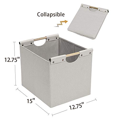HOONEX Large Foldable Storage Bins, Linen Fabric, 2 Pack, with Wooden Carry Handles and Sturdy Heavy Cardboard, for Home, Office, Car, Nursery, Beige - Image 5