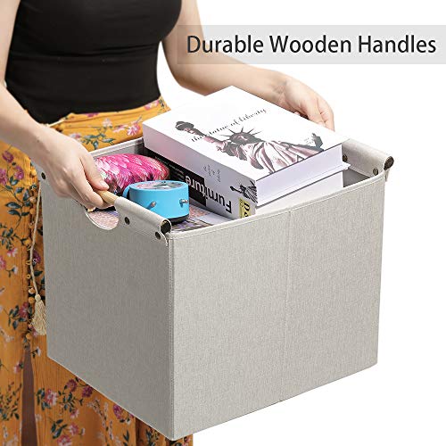HOONEX Large Foldable Storage Bins, Linen Fabric, 2 Pack, with Wooden Carry Handles and Sturdy Heavy Cardboard, for Home, Office, Car, Nursery, Beige - Image 2