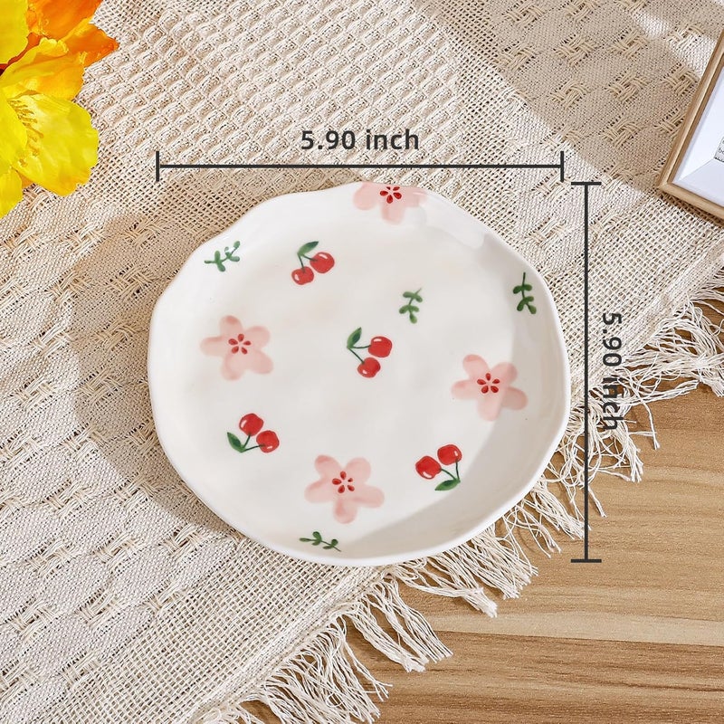 Koythin Ceramic Dessert Plates Cute Fruits Dinner Plate Creative Plates Design Printed Flowers Dinnerware for Office and Home Kitchen Plates for Desserts Pink Cherry Flowers - Image 2