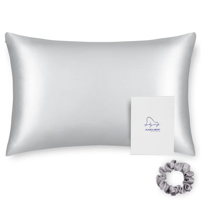 ALASKA BEAR 100% Pure Mulberry Silk Pillowcase for Curly Hair Wife Women Mother Her Grandma Pillow Slip Machine Washable Queen 20"x30" (1 Pack, Silver) - Image 1