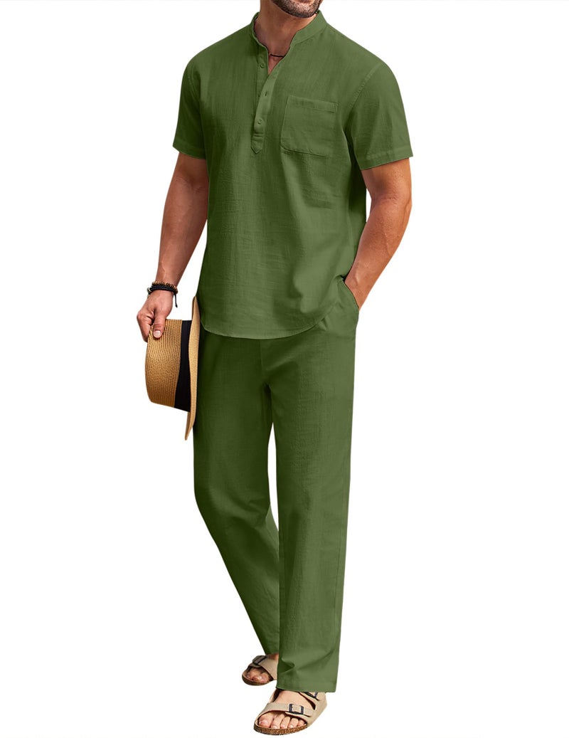 COOFANDY Mens 2 Pieces Cotton Linen Set Henley Shirts Short Sleeve And Casual Beach Pants With Pockets Summer Yoga Outfits - Image 2