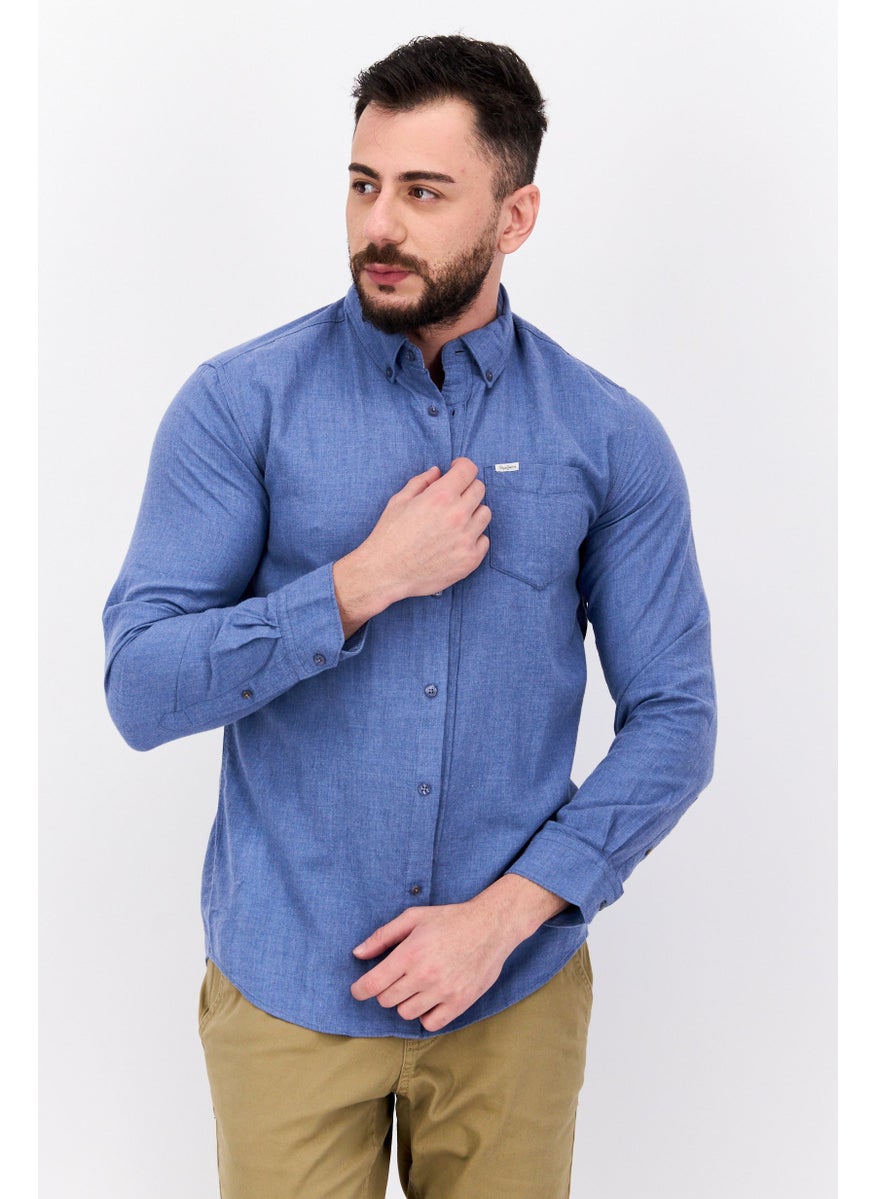 Pepe Jeans Men Regular Fit Long Sleeve Brand Logo Casual Shirt, Blue  - Image 1