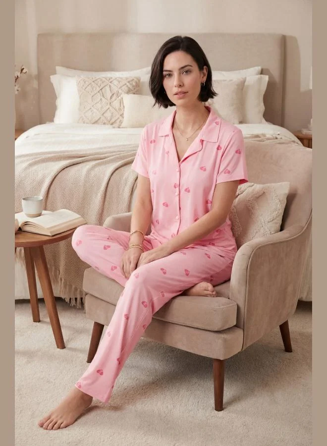 ليلا Lela Patterned Soft Textured Regular Fit Buttoned Short-Sleeved Pajama Set for Women PAJAMAS SET 65750101Y