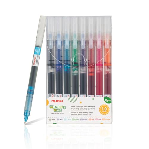 NUOVI Harmony Hue Liquid Ink Rollerball Pens | 1.0mm Bold Tip Transparent Body Design | Quick Dry, Anti-Smudge Ink and Smooth Ink Flow | Ideal for Coloring, Drawing & Mandala (Multicolor, Set of 8) - Image 1