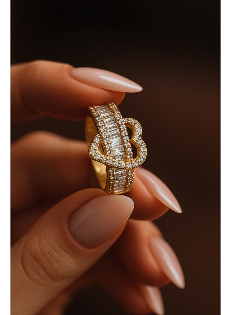 ثري دايموندز خاتم قلب مطلي ذهب – فري سايز بفصوص زيركون باغيت وميكرو لامعة - Image 2