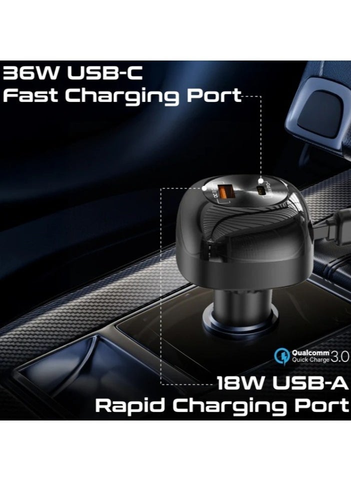 ELTRAZONE - 81W Fast Multi-Port Car Charger with Retractable USB-C & Lightning Cables – Quick Charge Adapter for iPhone, Samsung, iPad, Android Devices – Compact 3-Port In-Car Charging Station with LED Indicator, Smart IC Chip - Image 1