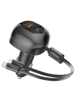 81W Fast Multi-Port Car Charger with Retractable USB-C & Lightning Cables – Quick Charge Adapter for iPhone, Samsung, iPad, Android Devices – Compact 3-Port In-Car Charging Station with LED Indicator, Smart IC Chip