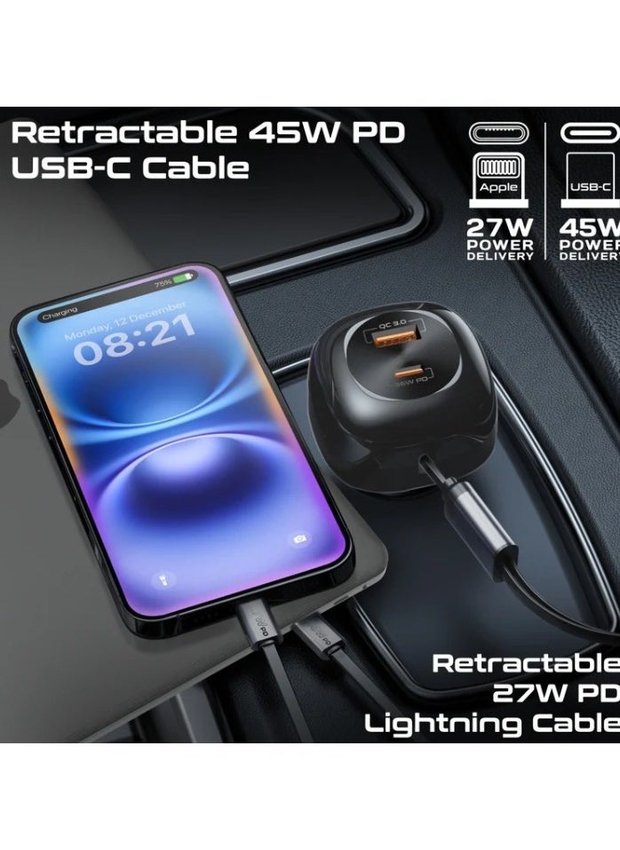 ELTRAZONE - 81W Fast Multi-Port Car Charger with Retractable USB-C & Lightning Cables – Quick Charge Adapter for iPhone, Samsung, iPad, Android Devices – Compact 3-Port In-Car Charging Station with LED Indicator, Smart IC Chip - Image 1