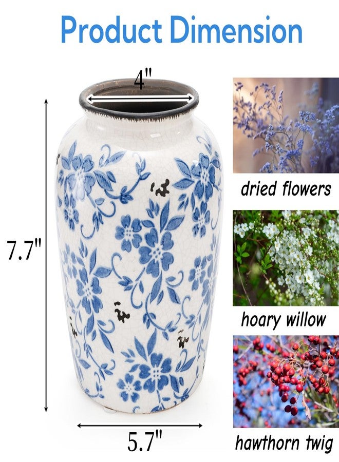 Goaste Vintage Blue and White Porcelain Vase, 7.7 Inch Chinoiserie Ceramic Flower Vase, Decorative Ice Crackle Pottery Vases, Handmade Oriental Floral Terracotta for Home Decor, Table Centerpiece - Image 2