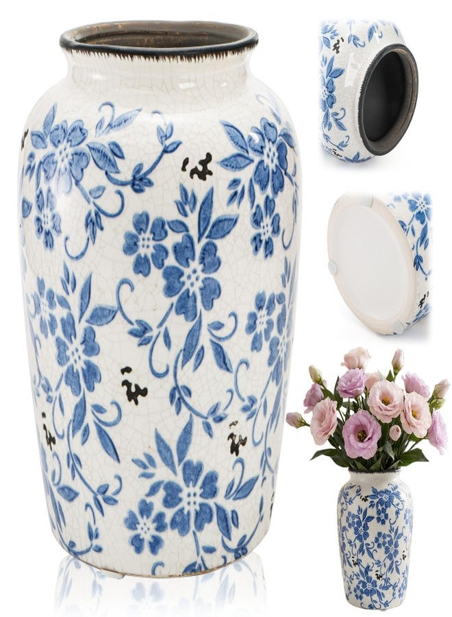 Goaste Vintage Blue and White Porcelain Vase, 7.7 Inch Chinoiserie Ceramic Flower Vase, Decorative Ice Crackle Pottery Vases, Handmade Oriental Floral Terracotta for Home Decor, Table Centerpiece - Image 1