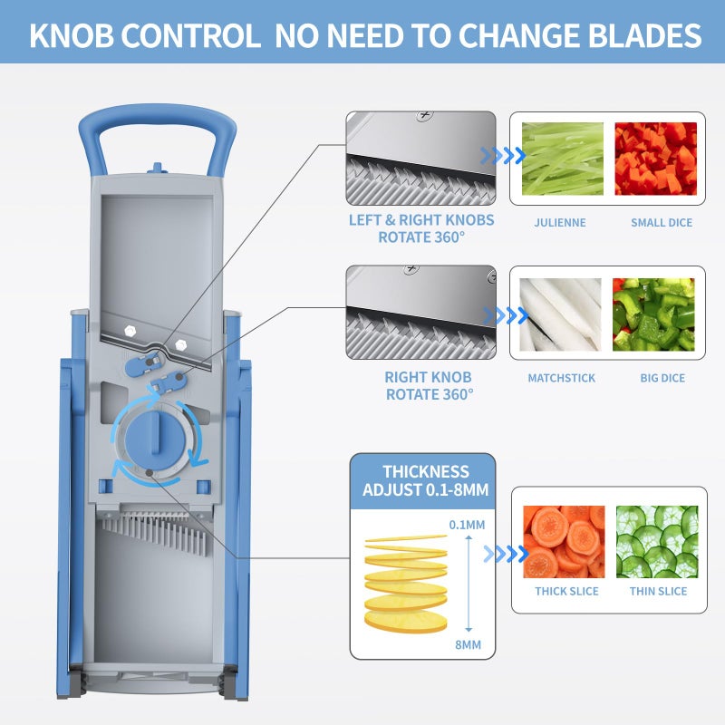 QYKIC Safe Mandoline Slicer for Kitchen, 5 in 1 Vegetable Chopper, Mandolin Potato Slicer with Thickness Adjuster, French Fry Cutter, Veggie Dicer Faster Kitchen Slicer for Meal Prep Blue - Image 3