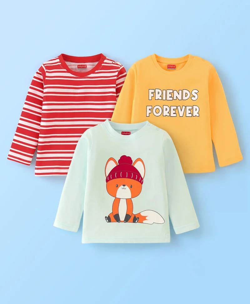 babyhug Babyhug Cotton Knit Full Sleeves T-Shirt with Graphics Pack of 3 - Red Yellow & Light Blue