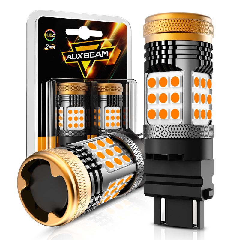 مصابيح LED من سلسلة Auxbeam B21 3157 باللون الأصفر الكهرماني مع مقاوم مدمج خالية من أخطاء CANBUS مضادة للوميض المفرط 3457 4157 مصباح 600 فائق السطوع لإشارة الانعطاف تحتاج إلى مقاومات لبعض الشاحنات