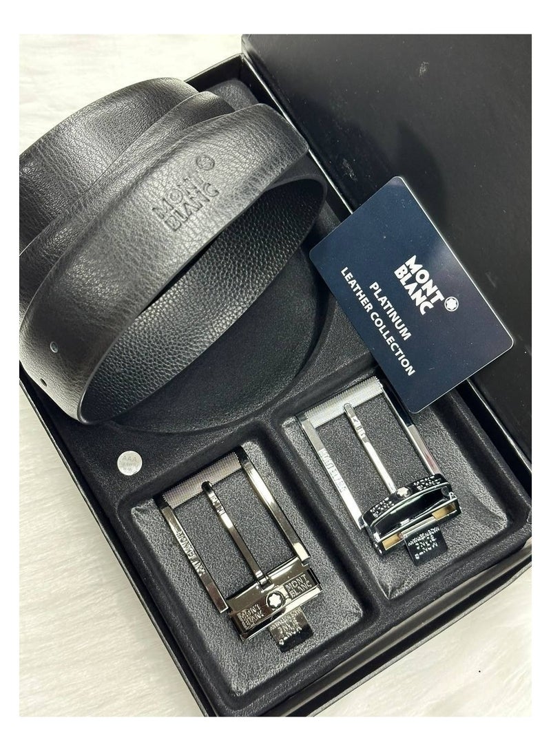 مون بلان مجموعة أحزمة مونت بلانك البلاتينية الجلدية مع أبازيم ذهبية وفضية - Image 1