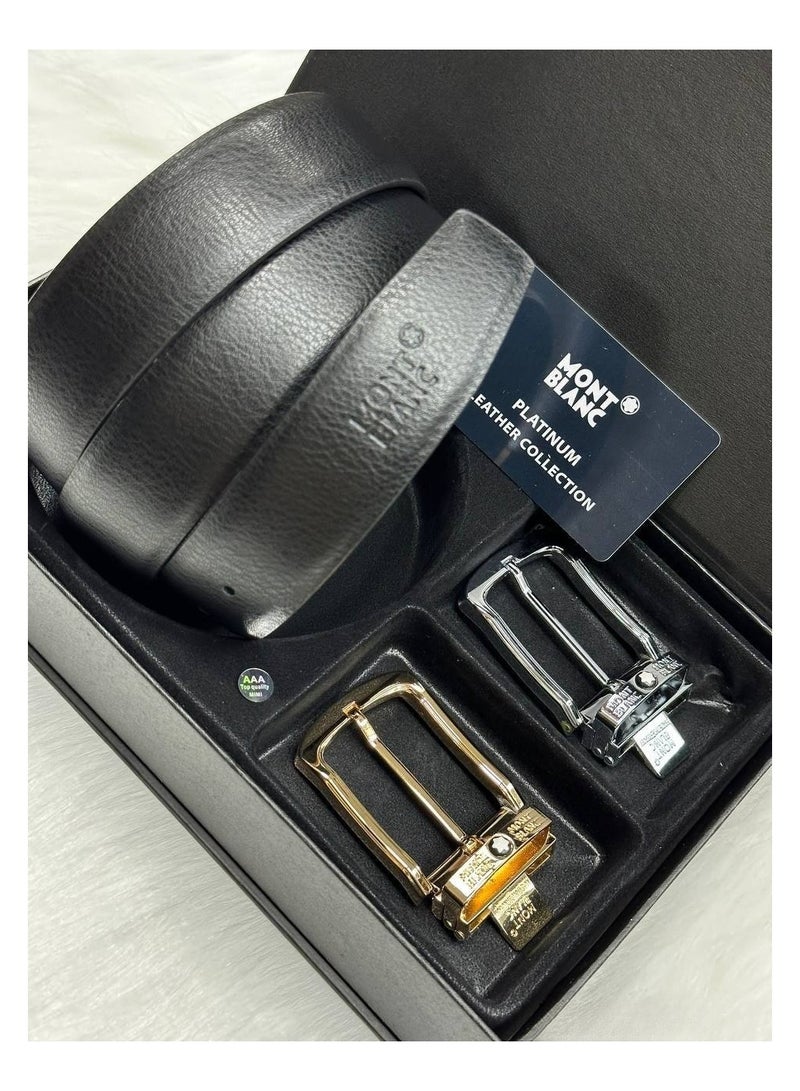 مون بلان مجموعة أحزمة مونت بلانك البلاتينية الجلدية مع أبازيم ذهبية وفضية - Image 2