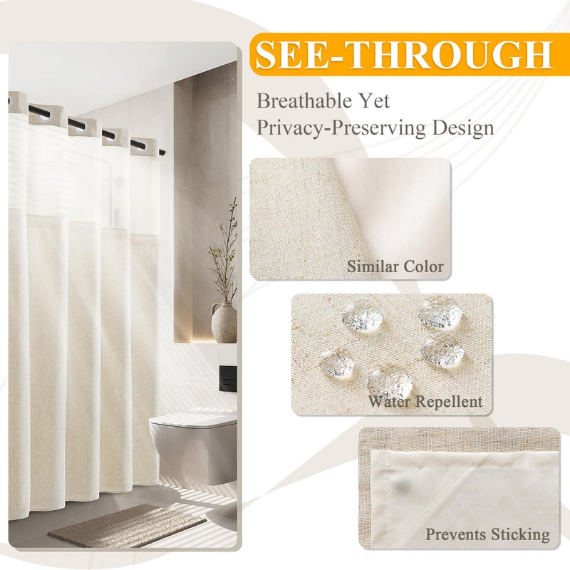 Jowels Jowels Natural Linen No Hook Shower Curtain and Liner  Cream No Hooks Shower Curtains Set Two-Tier Shower Curtain with snap in Liner - Hotel Style Water Resistant Fabric  Mesh Top Window  72x84  - Image 4
