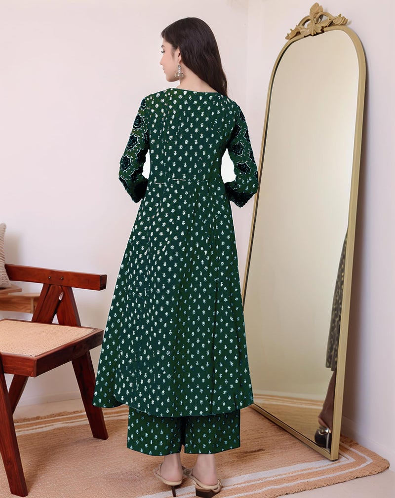 ANNI Designer Women's Rayon Viscose Anarkali Printed Kurta with Palazzo & Dupatta (NAKULA Green_L_Green_Large) - Image 2