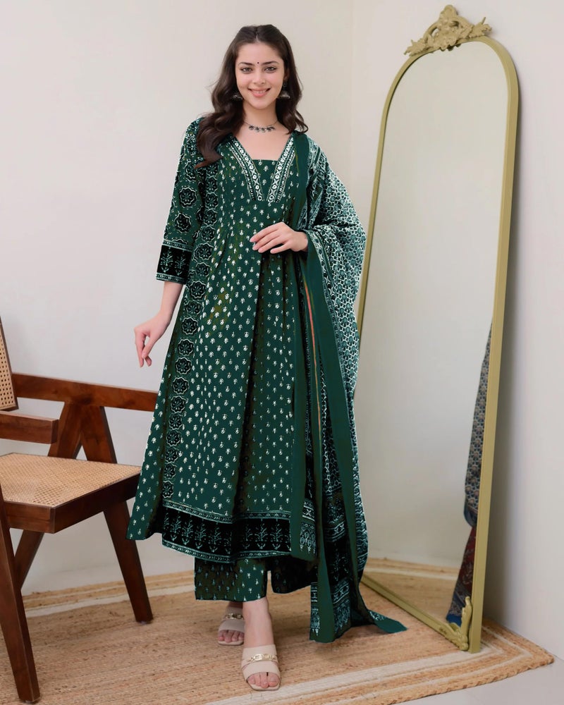 ANNI Designer Women's Rayon Viscose Anarkali Printed Kurta with Palazzo & Dupatta (NAKULA Green_L_Green_Large) - Image 4