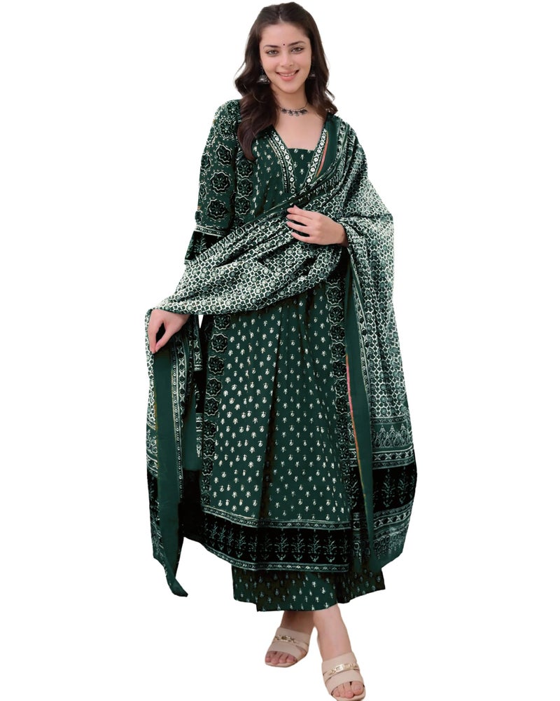 ANNI Designer Women's Rayon Viscose Anarkali Printed Kurta with Palazzo & Dupatta (NAKULA Green_L_Green_Large) - Image 1