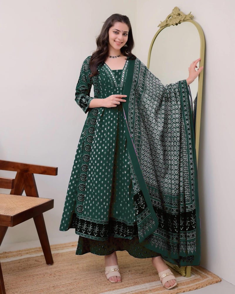 ANNI Designer Women's Rayon Viscose Anarkali Printed Kurta with Palazzo & Dupatta (NAKULA Green_L_Green_Large) - Image 3
